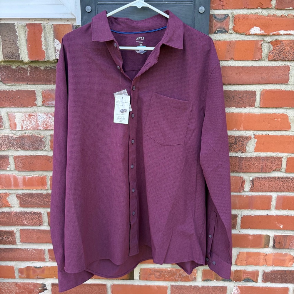 Apt 9 Performance Shirt Mens XXL Slim Fit Winetasting Burgundy Stretch Shirt